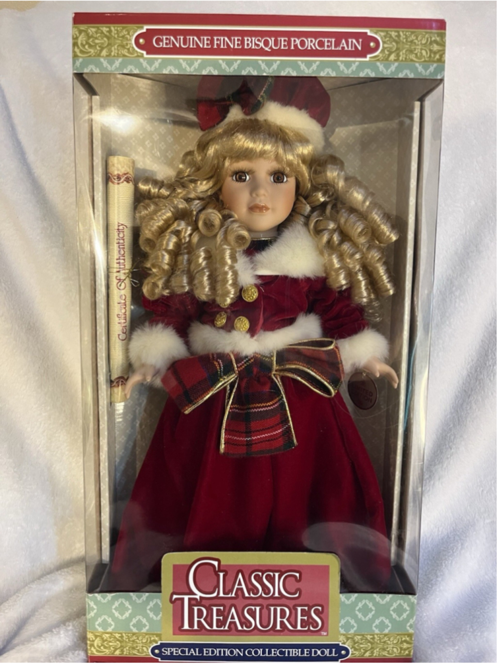 Collectors Choice Genuine Fine Bisque Porcelain Holiday Doll 12” Red Beret Coat